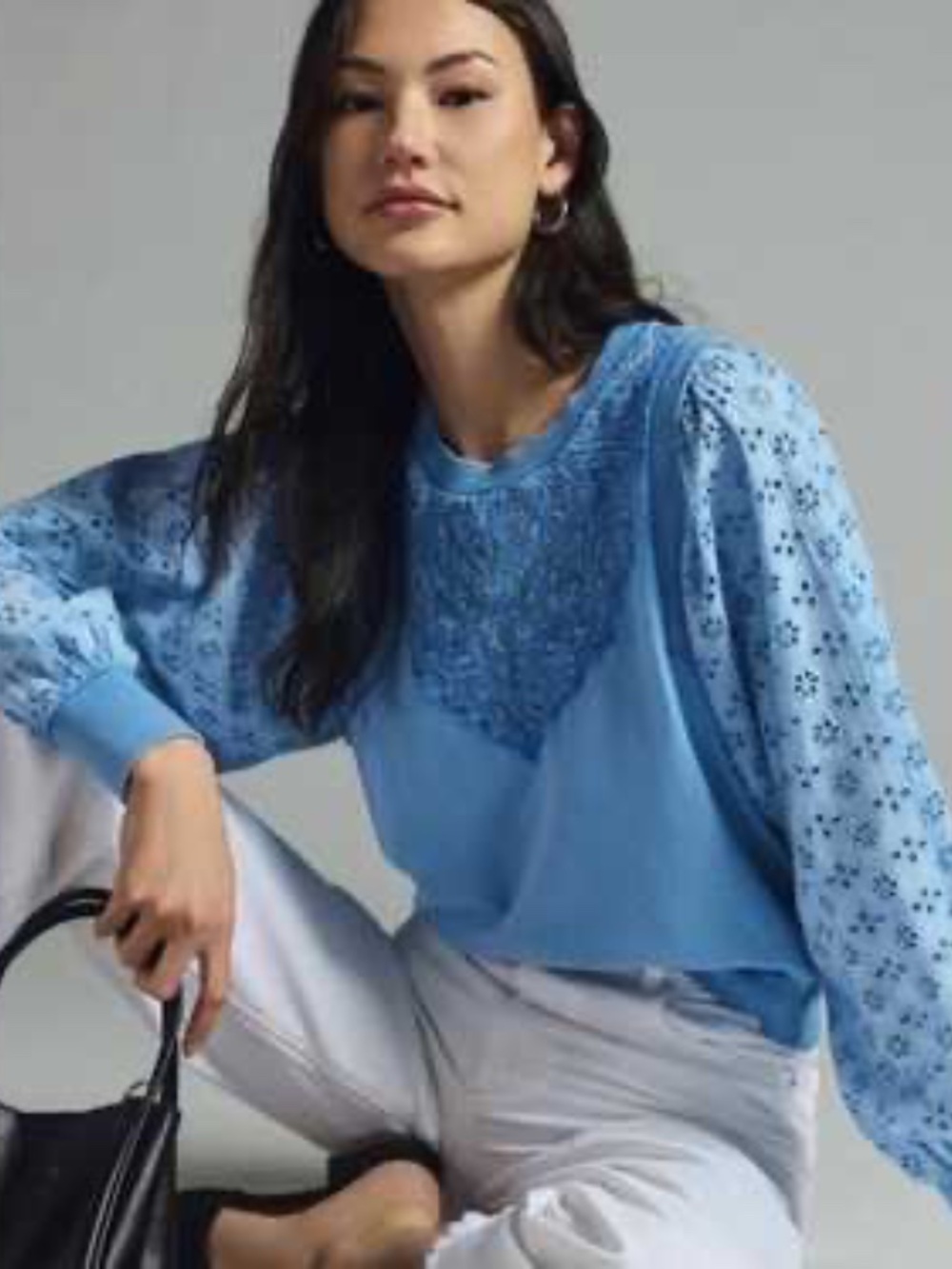 Anthropologie Pilcro Washed Eyelet Balloon Sleeves Sweatshirt idistressed blue